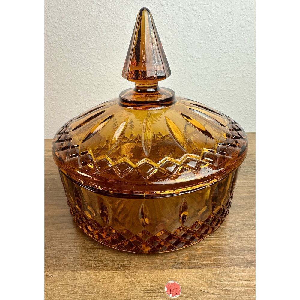 Vintage Amber Pressed Glass Candy Dish w Lid Starburst Finial